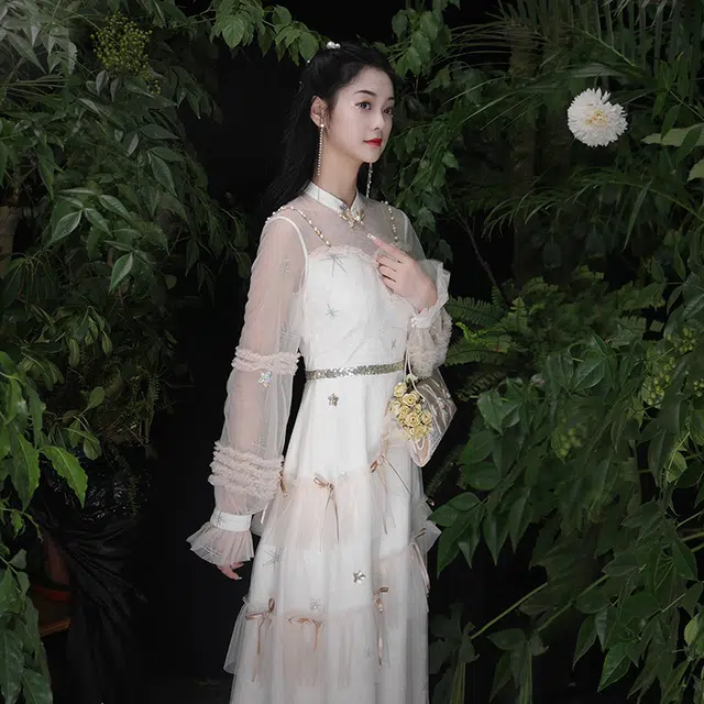 槿爷东方 星星网纱蝴蝶结长袖连衣裙 女款 米色