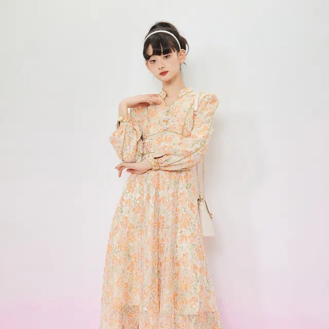 槿爷东方 承花落蕾丝分割碎花收腰长袖仙女连衣裙 女款 橙绿色