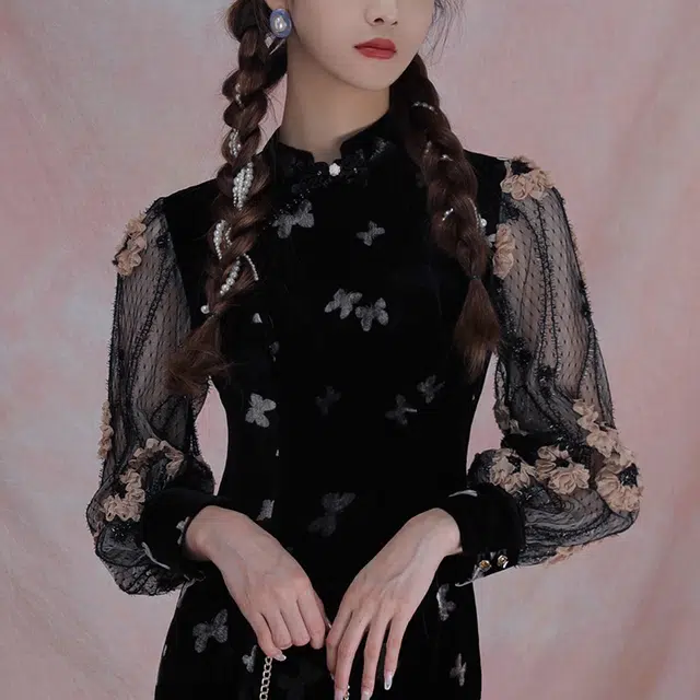 槿爷东方 远山黛网纱袖高开衩丝绒复古旗袍 女款 黑色