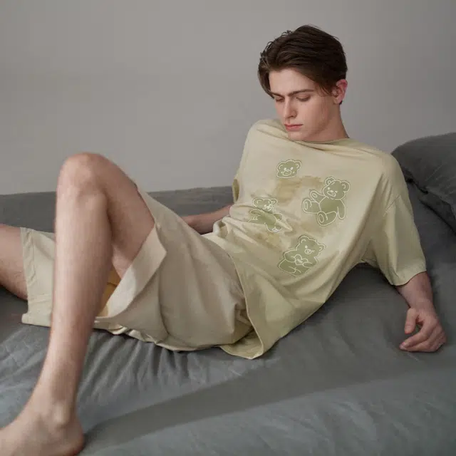 同语 夏季睡衣凉感棉短袖套装可爱可外穿男士宽松夏天家居服 家居套装 男款 柔雾菊白•米杏