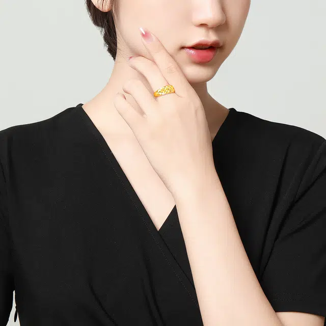 梦金园 满天星活口素圈指环开口可调节 足金 黄金戒指 女款