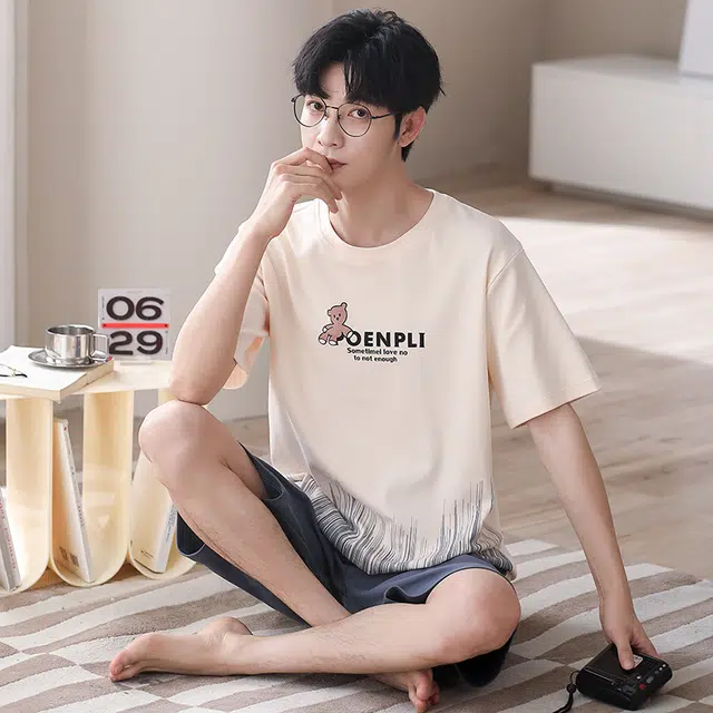 可人儿 纯棉短袖短裤睡衣休闲小熊宽松可外穿家居服套装 春夏季 男款 杏色