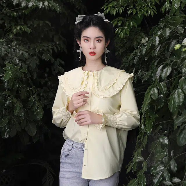 槿爷东方 纯色单排扣娃娃领长袖衬衫 女款 嫩黄色