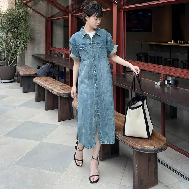美洋 淘古少女牛仔裙 休闲减龄复古直筒短袖衬衫连衣裙