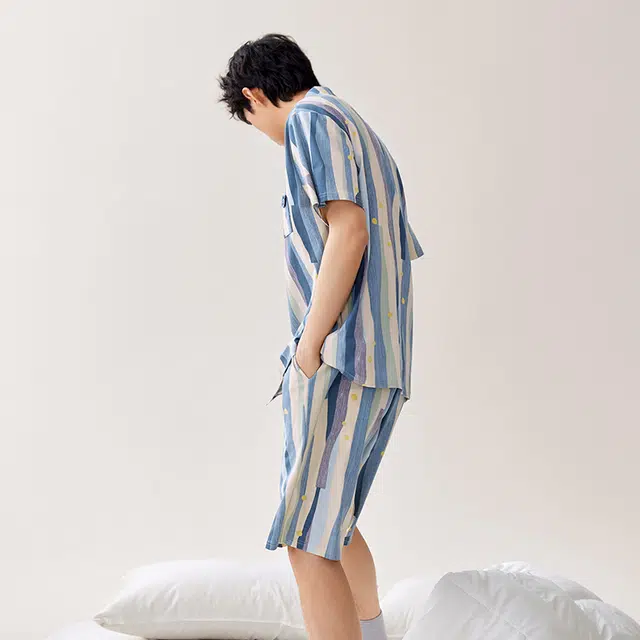 安之伴 夏季棉质短袖休闲条纹家居服套装可外穿睡衣 男款 灰兰