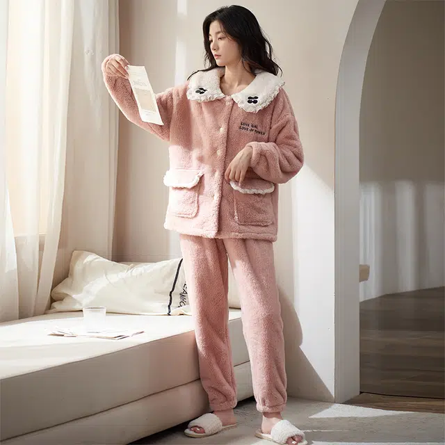 小情歌 珊瑚绒睡衣 冬季 可爱加厚加绒保暖御寒家居服 情侣款 粉色+黑色