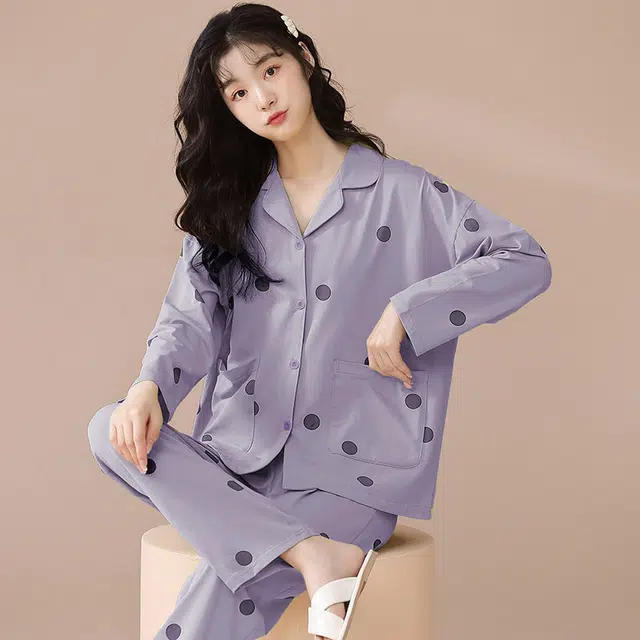 怡吾色 波点休闲长袖家居服套装 春夏睡衣女款