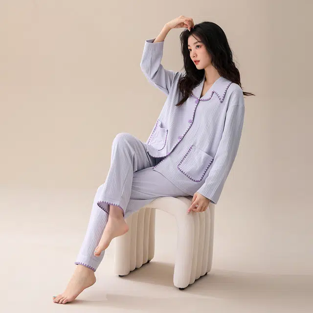 可人儿 纯棉长袖睡衣纯色简约宽松可外穿家居服套装 春秋季 女款 浅紫色