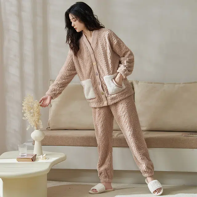小情歌 珊瑚绒睡衣 冬季 加厚加绒保暖御寒家居服 女款 小麦色