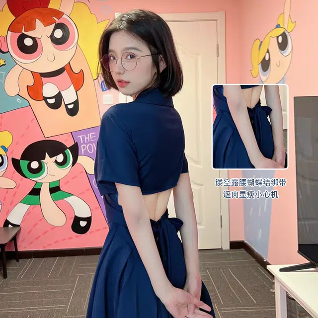 蝴蝶结绑带露腰纯色短袖不规则短袖连衣裙 女款 藏蓝色
