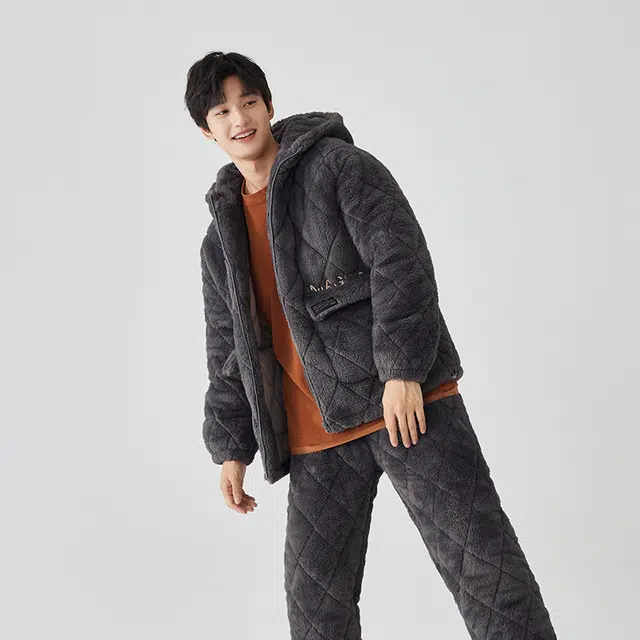 亲嘴猫保暖加厚三层夹棉睡衣男冬季珊瑚绒家居服连帽套装冬天外穿