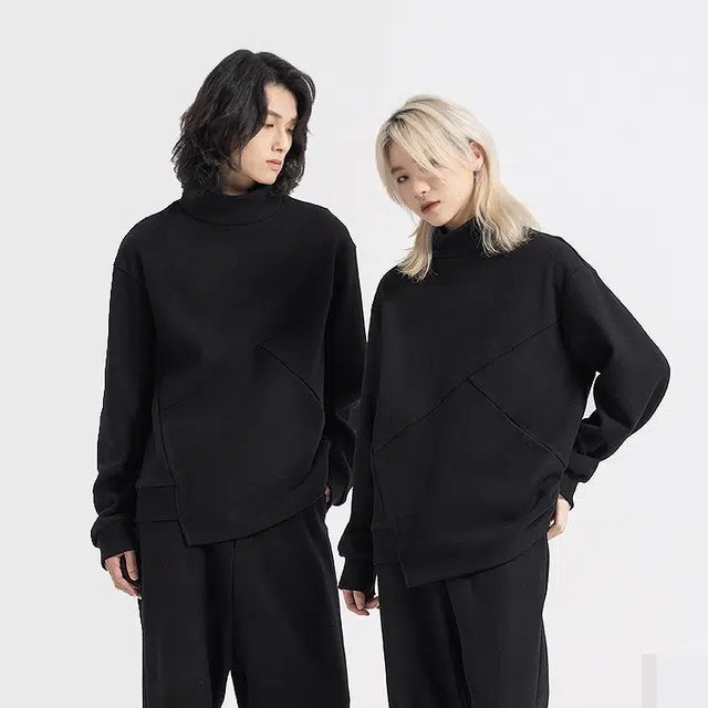 幻象者 纯色半高领套头长袖卫衣 男女同款 黑色