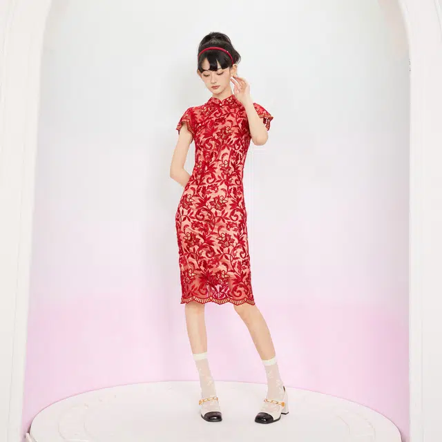 槿爷东方 斜襟刺绣短袖旗袍 女款 红色