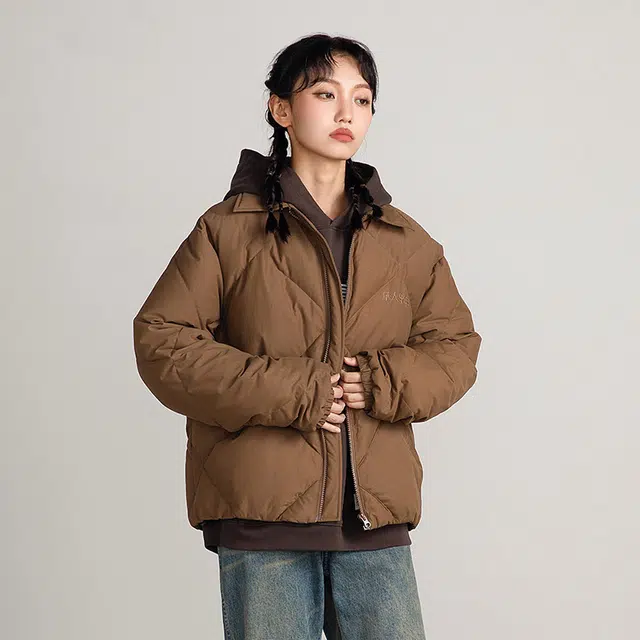 华人青年 基础纯色翻领羽绒服外套 男女同款