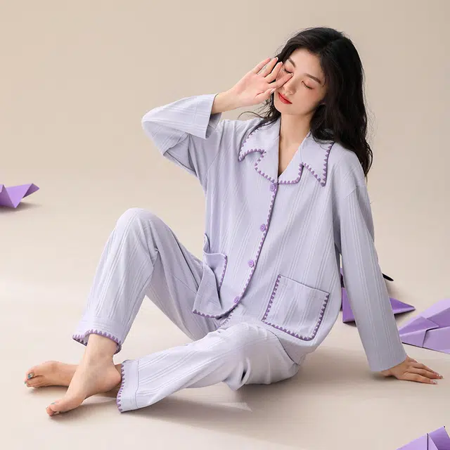 可人儿 纯棉长袖睡衣纯色简约宽松可外穿家居服套装 春秋季 女款 浅紫色