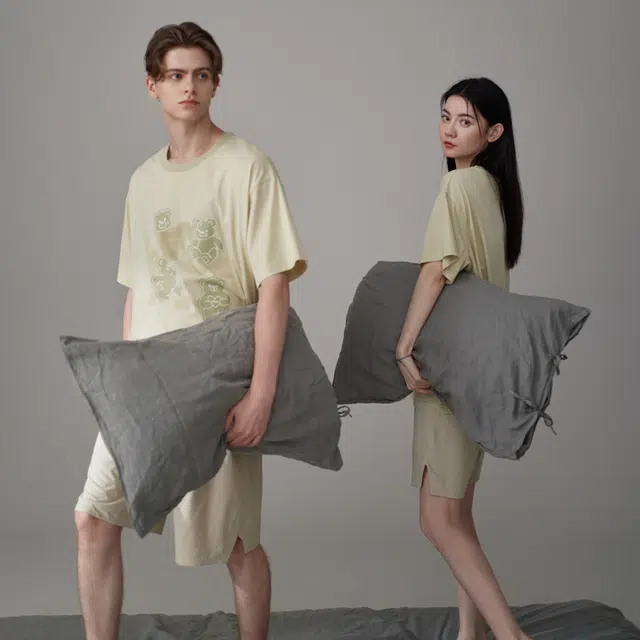 同语 夏季睡衣凉感棉短袖套装可爱可外穿男士宽松夏天家居服 家居套装 男款 柔雾菊白•米杏