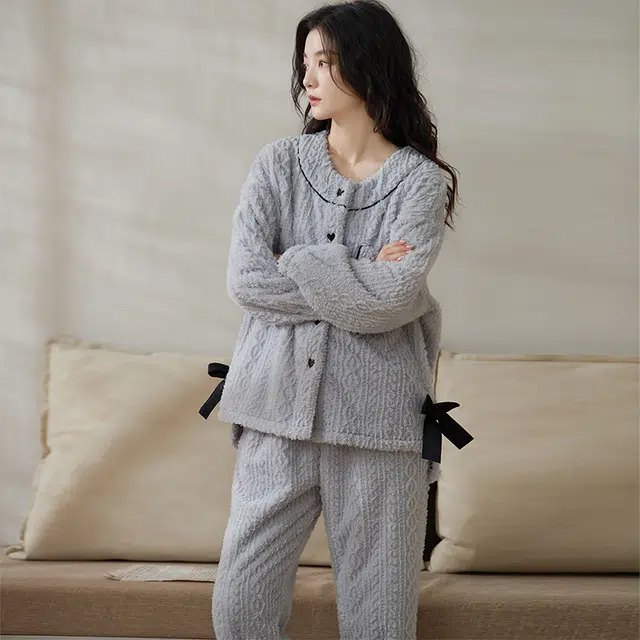 小情歌 珊瑚绒睡衣  冬季 加绒加厚保暖御寒家居服 女款  灰蓝色