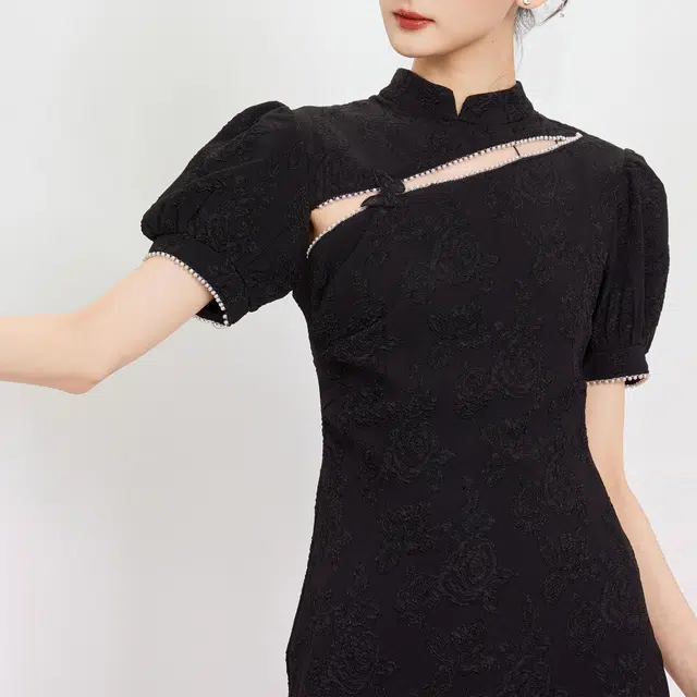 槿爷东方 提花蝴蝶镂空修身短袖旗袍 女款 黑色