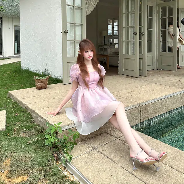 拼色网纱蓬蓬收腰短袖连衣裙 女款 浅紫色