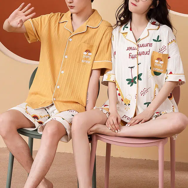 橡柠派 情侣睡衣夏款棉短袖开衫家居服可爱俏皮卡通男女套装薄款 家居套装 情侣款 橙黄色