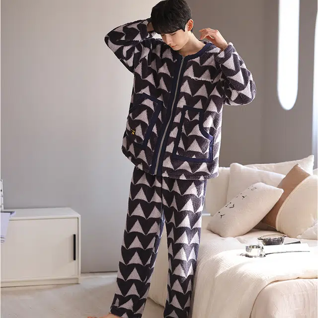 可人儿 珊瑚绒睡衣 家居服套装 秋冬季 保暖加绒加厚 休闲开衫 男款 灰色 礼物