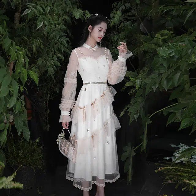 槿爷东方 星星网纱蝴蝶结长袖连衣裙 女款 米色