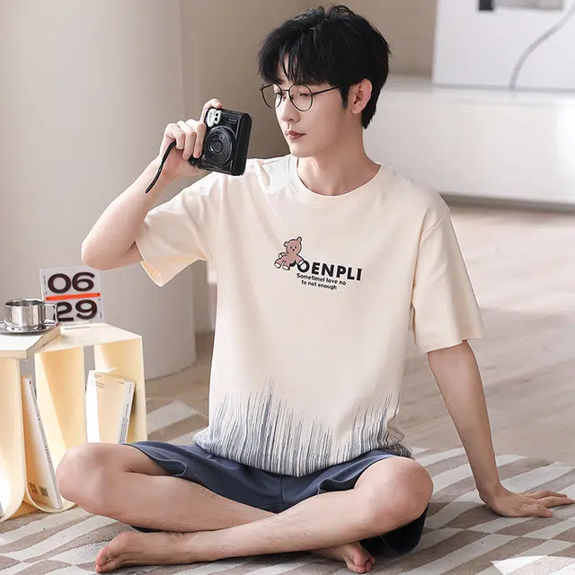 可人儿 纯棉短袖短裤睡衣休闲小熊宽松可外穿家居服套装 春夏季 男款 杏色