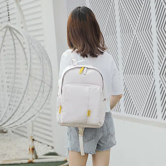 音魅 时尚休闲商务通勤 尼龙 旅行包书包背包双肩包 女款 浅灰色/黄色