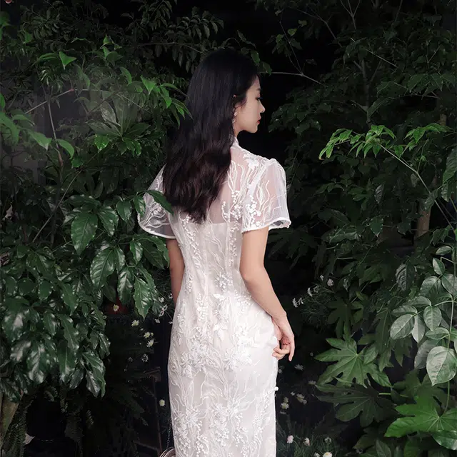 槿爷东方 云锦 新中式刺绣花卉短袖旗袍 女款 白色