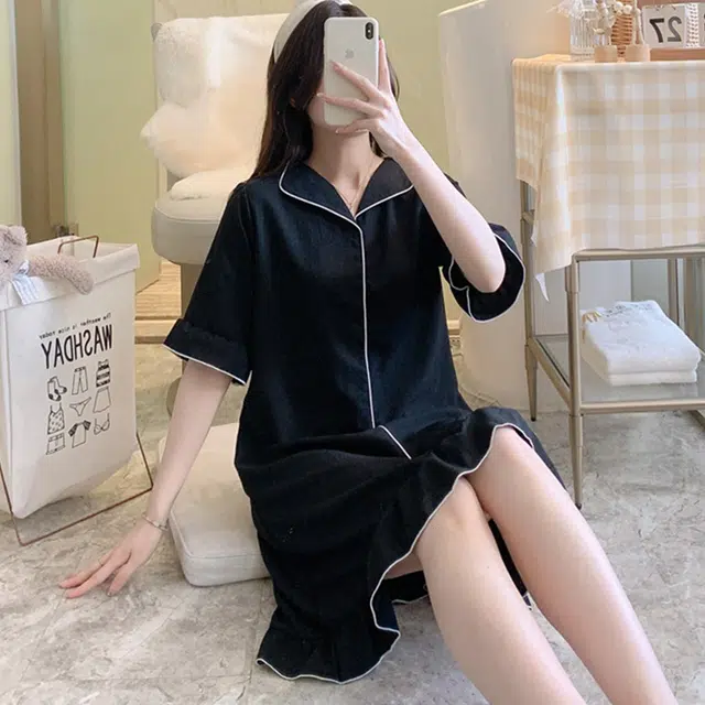 橡柠派 睡衣女夏款套头短袖中长款梭织棉麻睡裙可外穿家居服睡裙 女款 黑色