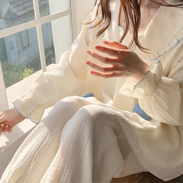 橡柠派 家居服女秋冬季纯棉纱布可爱公主风睡衣长袖套头立体花朵高级感学生家居套装 女款 象牙白