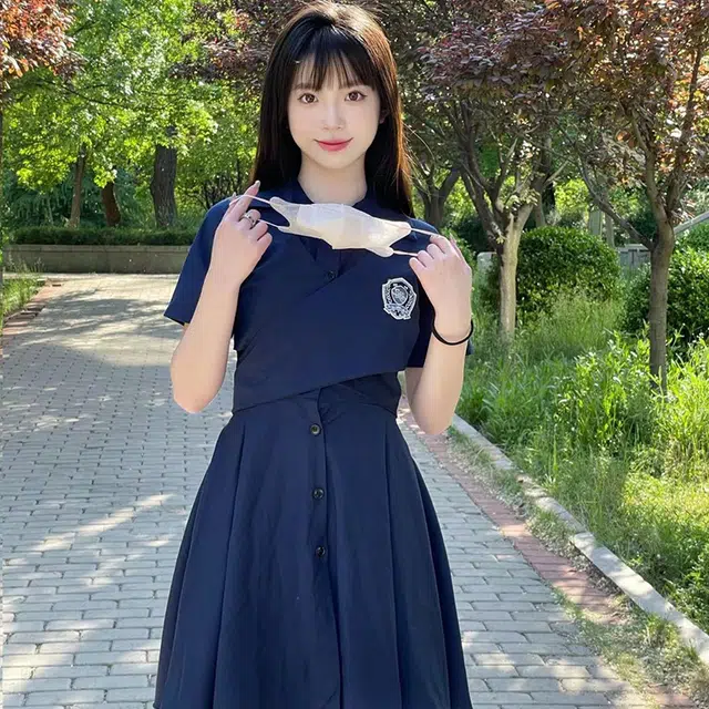 蝴蝶结绑带露腰纯色短袖不规则短袖连衣裙 女款 藏蓝色