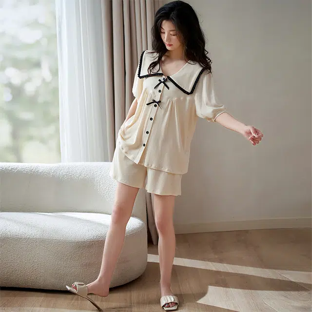 小情歌家居服睡衣 莫代尔棉睡衣女夏季款短袖短裤套装 翻领可爱公主风 女款 奶白色