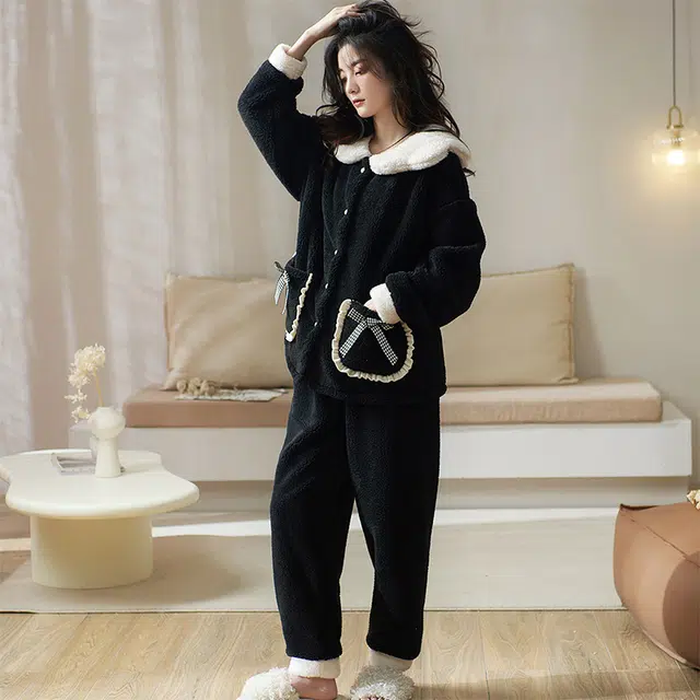 小情歌 珊瑚绒睡衣 秋冬季 加厚加绒保暖家居服 女款 黑色