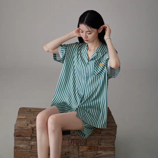 同语 睡衣夏季冰丝短袖条纹套装高级感可外穿女士家居服夏天 家居套装 女款 竖条吐绶蓝