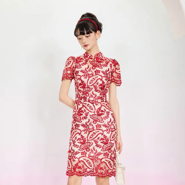 槿爷东方 提香之吻短袖斜襟立领花卉图案旗袍 女款 红色