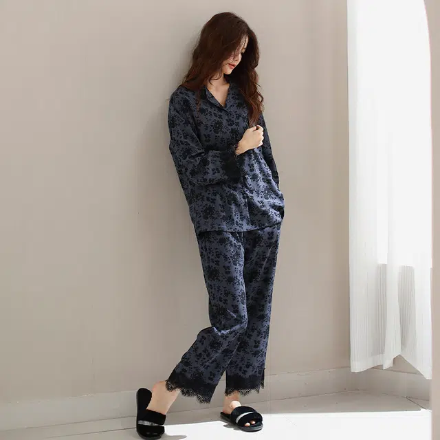 美腾 纯棉春秋款蕾丝袖口长袖碎花睡衣长裤宽松家居服套装 女款 蓝紫色 礼盒款