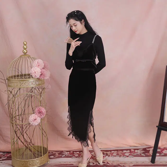 槿爷东方 璇骅鉴丝绒钻环肩带设计纯色长袖修身针织衫 女款 黑色