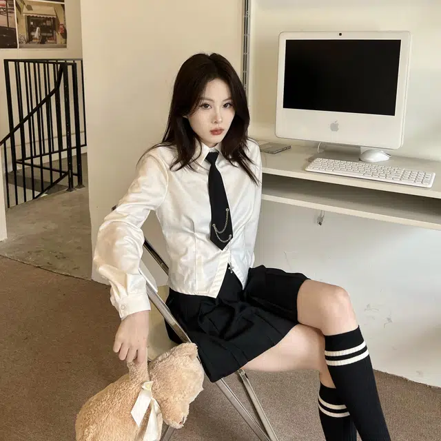 九条喵 短款领带长袖衬衫百褶半身裙制服套装 女款