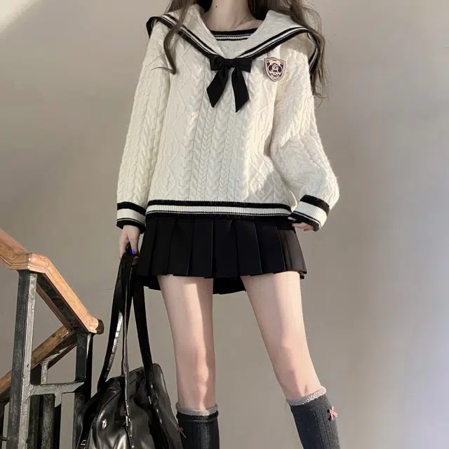 九条喵 海军领刺绣徽章蝴蝶结毛衣纯色百褶半身裙制服裙套装 女款