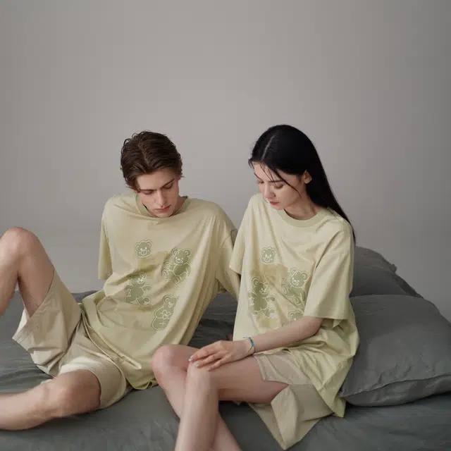 同语 夏季睡衣凉感棉短袖套装可爱可外穿男士宽松夏天家居服 家居套装 男款 柔雾菊白•米杏