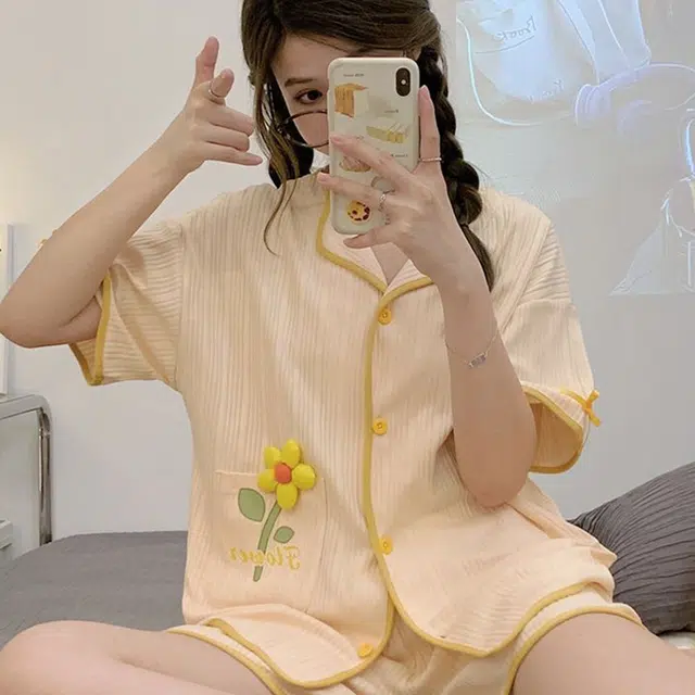 橡柠派 夏季短袖短裤睡衣女士夏天薄款开衫大码家居服套装可外穿夏款两件套女