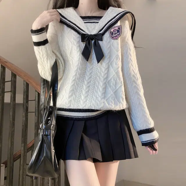 九条喵 海军领刺绣徽章蝴蝶结毛衣纯色百褶半身裙制服裙套装 女款