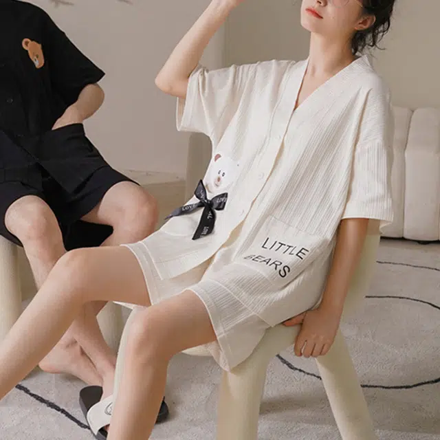 橡柠派 情侣睡衣夏季棉短袖开衫男女薄款夏天可外穿可爱卡通家居服 家居套装 情侣款