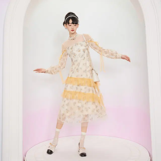 槿爷东方 锦花城法式网纱碎花长袖仙女连衣裙 女款 橙色