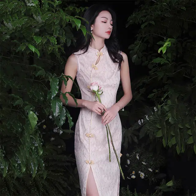 槿爷东方 纯色优雅纽扣开叉无袖旗袍 女款 浅粉色