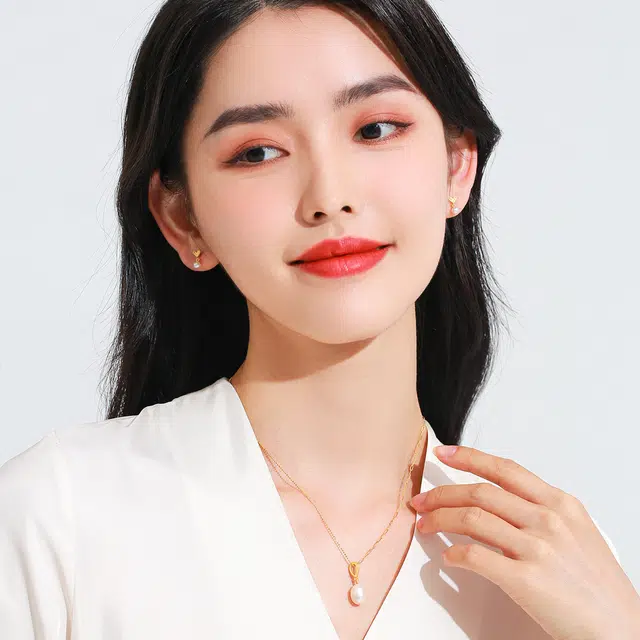老庙黄金吊坠 古法黄金镶嵌锆石珍珠足金吊坠女生挂坠优雅大气