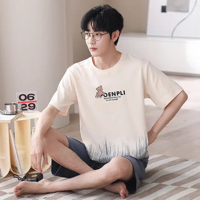 可人儿 纯棉短袖短裤睡衣休闲小熊宽松可外穿家居服套装 春夏季 男款 杏色