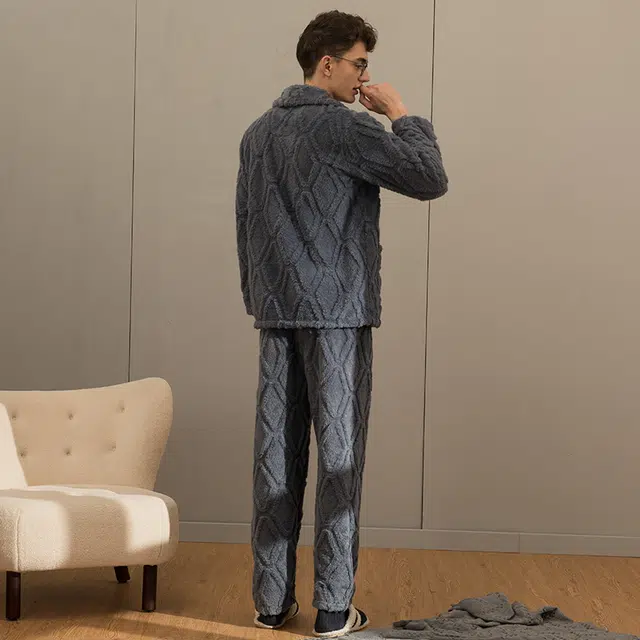 芬腾 睡衣珊瑚绒秋冬季法兰绒加厚长袖可外穿休闲大码家居服套装 男士 灰兰