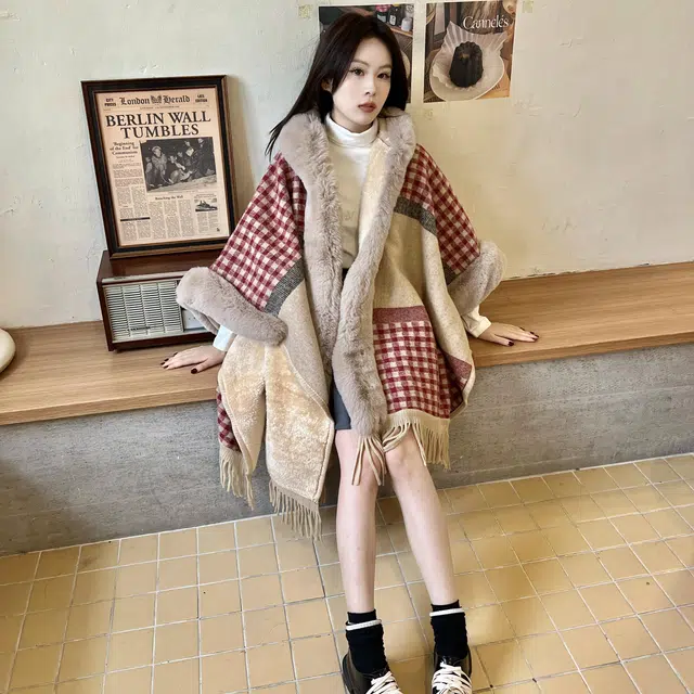 九条喵 加绒加厚斗篷式格子连帽宽松大衣外套 女款 红色